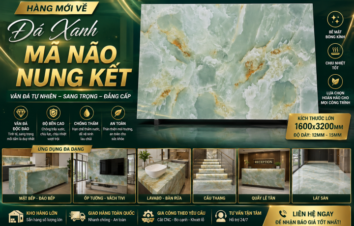 Đá Xanh Mã Não Nung Kết Cập Kho Mới | Tấm Khổ Lớn Cao Cấp Tại Quốc Duy Sài Gòn