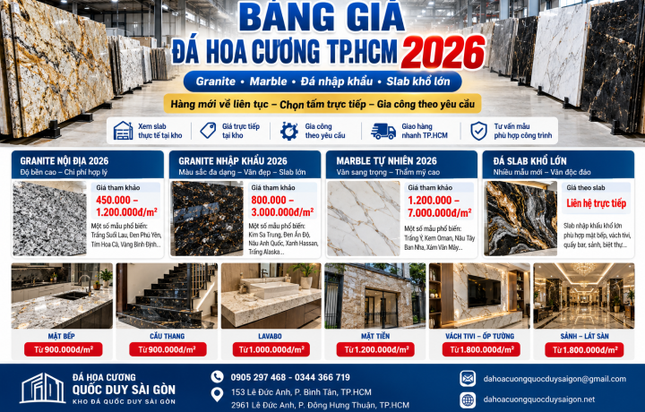 Bảng Giá Đá Hoa Cương TP.HCM 2026 | Granite, Marble Mới Nhất